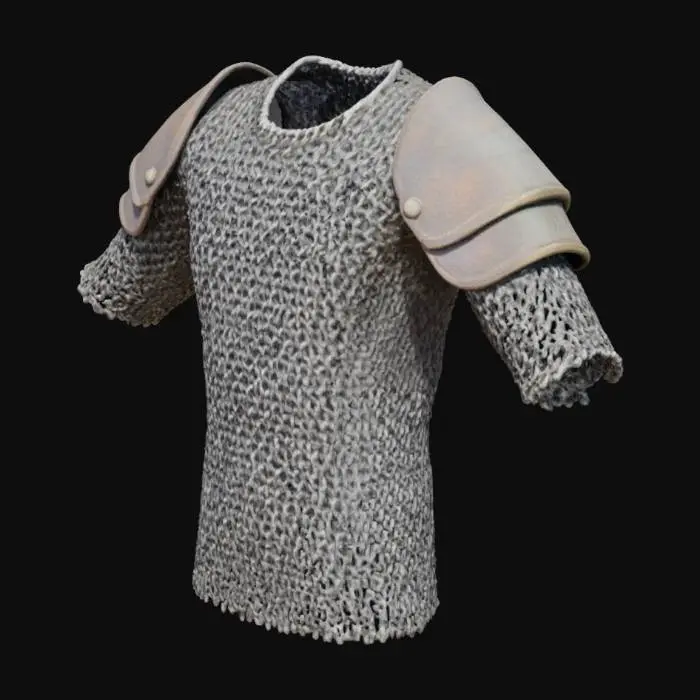 3D model for Кольчуга из тысяч плотно сплетенных стальных колец, создающих гибкое, но тяжелое полотно. Каждое кольцо имеет тусклый, серый оттенок, некоторые покрыты легкой патиной или следами ржавчины. На ощупь она прохладная и тяжелая, издает характерный металлический звон при движении, словно множество мелких цепочек.
