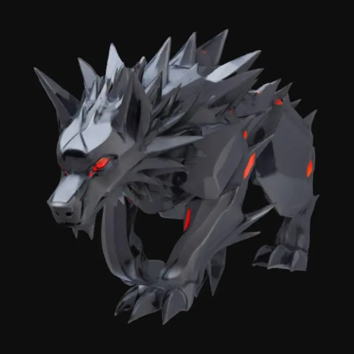 3D model for Существо из обсидиановых осколков, напоминающее крупного волка, но состоящее из тысяч острых, глянцевых фрагментов черного вулканического стекла. Оно не имеет меха, лишь угловатые, идеально пригнанные друг к другу пластины, которые мерцают и отражают свет, создавая острые тени. На ощупь оно холодное и острое.