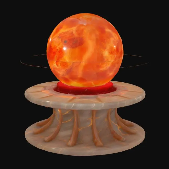 3D model for Парящий магический алтарь, его основание из отполированного до зеркального блеска оникса, на котором покоится огромный шар из пульсирующей плазмы, удерживаемой силовыми полями. Оникс абсолютно гладкий и холодный на ощупь, черный, с тонкими белыми прожилками. Плазменный шар не осязаем, но излучает тепло и яркий оранжево-красный свет. Форма алтаря проста и строга, но плазменный шар создает ощущение динамики и мощи.