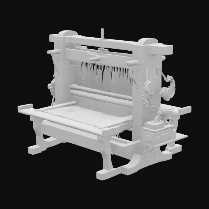3D model for Древний ткацкий станок, массивный, выполненный из выветренного, темно-коричневого дуба и чугунных шестеренок. Дерево шершавое, со множеством трещин и патины, ощущается сухим и старым. Чугунные элементы покрыты ржавчиной, грубые на ощупь. Форма станка сложная, с множеством рычагов и нитей, проходящих через него, он кажется тяжелым, но функциональным.