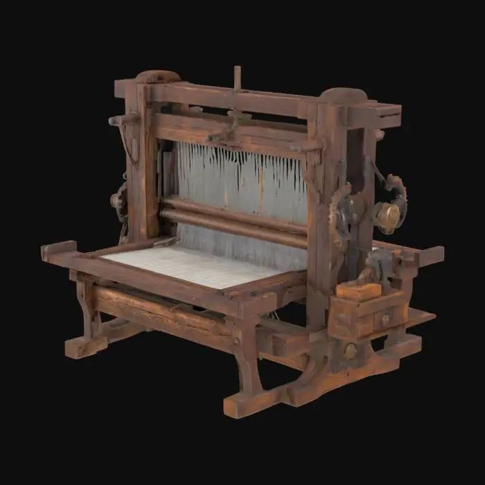 3D model for Древний ткацкий станок, массивный, выполненный из выветренного, темно-коричневого дуба и чугунных шестеренок. Дерево шершавое, со множеством трещин и патины, ощущается сухим и старым. Чугунные элементы покрыты ржавчиной, грубые на ощупь. Форма станка сложная, с множеством рычагов и нитей, проходящих через него, он кажется тяжелым, но функциональным.