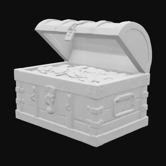 3D model for Затонувший сундук с сокровищами, его деревянный корпус разбух от воды и покрыт толстым слоем морских наростов. Древесина темно-коричневая, с грубой, пористой текстурой, местами истлевшая. Металлические полосы и замок покрыты ржавчиной, образуя шершавые, бугристые комки. Из приоткрытой крышки выглядывают тусклые, покрытые водорослями монеты и обломки драгоценностей. Сундук кажется тяжелым и пропитанным водой. #ocean#