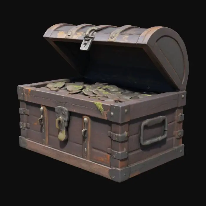 3D model for Затонувший сундук с сокровищами, его деревянный корпус разбух от воды и покрыт толстым слоем морских наростов. Древесина темно-коричневая, с грубой, пористой текстурой, местами истлевшая. Металлические полосы и замок покрыты ржавчиной, образуя шершавые, бугристые комки. Из приоткрытой крышки выглядывают тусклые, покрытые водорослями монеты и обломки драгоценностей. Сундук кажется тяжелым и пропитанным водой. #ocean#