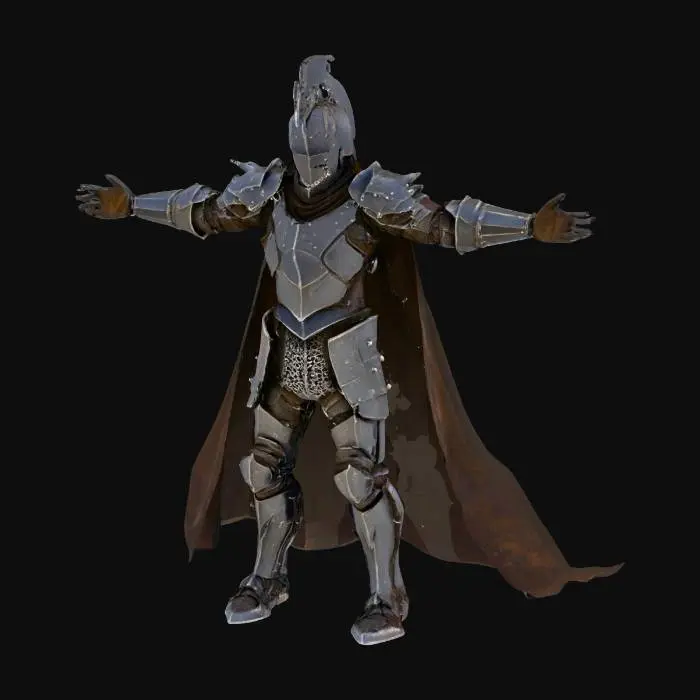 3D model for Рыцарь Забвения, облаченный в массивные, почерневшие стальные латы, покрытые острыми шипами. Металл матовый, местами покрыт ржавчиной и въевшейся грязью, ощущается грубым и холодным. Из прорезей шлема не видно лица, лишь алые, угрожающие точки света. Поза рыцаря тяжеловесная и неподвижная, излучающая ощущение огромной, неумолимой силы. На плаще из грубой, темной ткани видны рваные края.