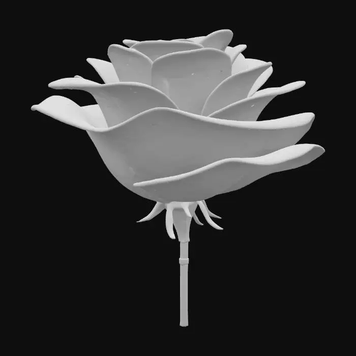 3D model for Изящная стеклянная роза, ее лепестки из тонкого, полупрозрачного стекла с градиентом от бледно-розового до насыщенного красного. Стекло гладкое, прохладное на ощупь, с легким мерцанием. Лепестки тонкие, слегка изогнутые, с реалистичными прожилками. Стебель выполнен из матового зеленого стекла, с небольшими, острыми шипами. Роза кажется хрупкой, но поразительно детализированной.