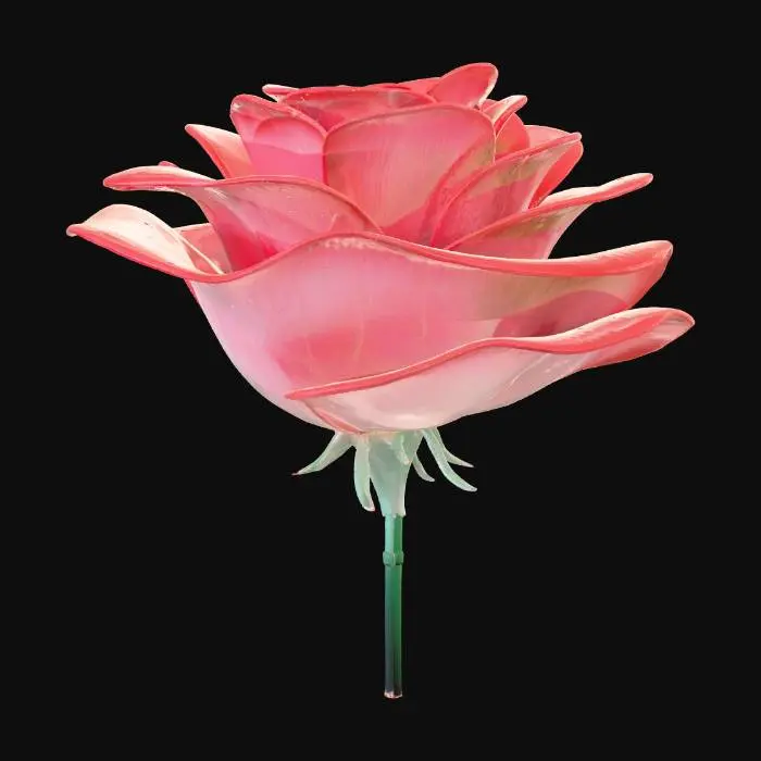 3D model for Изящная стеклянная роза, ее лепестки из тонкого, полупрозрачного стекла с градиентом от бледно-розового до насыщенного красного. Стекло гладкое, прохладное на ощупь, с легким мерцанием. Лепестки тонкие, слегка изогнутые, с реалистичными прожилками. Стебель выполнен из матового зеленого стекла, с небольшими, острыми шипами. Роза кажется хрупкой, но поразительно детализированной.