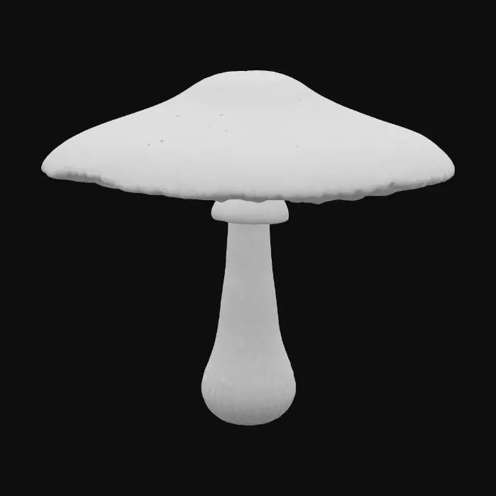 3D model for Крупный светящийся гриб, его шляпка широкая, зонтичная, с мягкой, почти студенистой текстурой. Шляпка полупрозрачная, с градиентом цвета от молочно-белого к бледно-желтому, излучает мягкое, пульсирующее свечение. Ножка гриба толстая, волокнистая, слегка шершавая на ощупь, с зеленоватым оттенком. На шляпке видны тонкие, ветвящиеся прожилки, мерцающие в темноте.