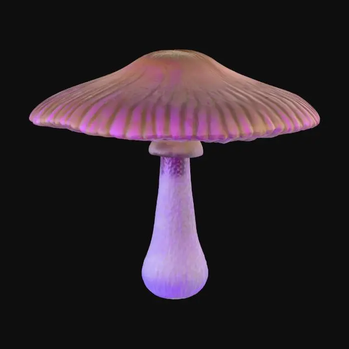 3D model for Крупный светящийся гриб, его шляпка широкая, зонтичная, с мягкой, почти студенистой текстурой. Шляпка полупрозрачная, с градиентом цвета от молочно-белого к бледно-желтому, излучает мягкое, пульсирующее свечение. Ножка гриба толстая, волокнистая, слегка шершавая на ощупь, с зеленоватым оттенком. На шляпке видны тонкие, ветвящиеся прожилки, мерцающие в темноте.