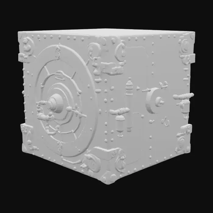 3D model for Массивный сейф в стиле стимпанк, его корпус из толстых, клепаных медных пластин. Медь тусклая, с зеленоватой патиной, ощущается холодной и тяжелой. На дверце множество выступающих шестеренок, рычагов и циферблатов из полированной латуни, которые кажутся гладкими и прохладными. Форма сейфа кубическая, с округлыми углами, он выглядит внушительным и неприступным.