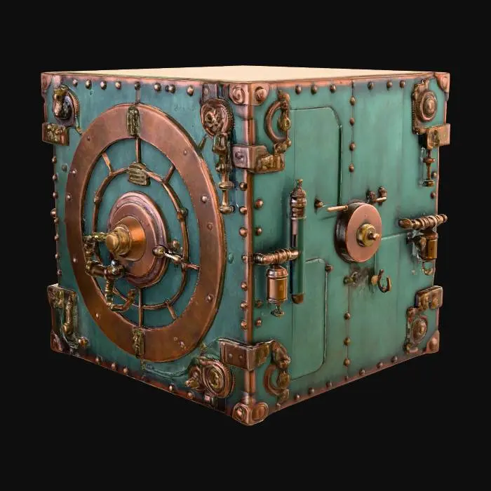 3D model for Массивный сейф в стиле стимпанк, его корпус из толстых, клепаных медных пластин. Медь тусклая, с зеленоватой патиной, ощущается холодной и тяжелой. На дверце множество выступающих шестеренок, рычагов и циферблатов из полированной латуни, которые кажутся гладкими и прохладными. Форма сейфа кубическая, с округлыми углами, он выглядит внушительным и неприступным.