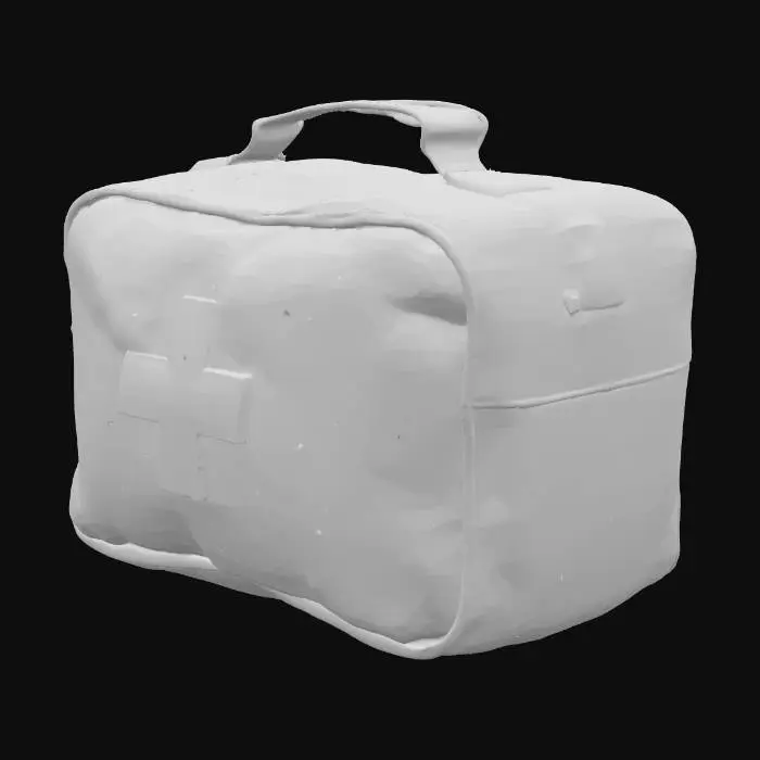 3D model for Небольшая тканевая аптечка, прямоугольная, из прочного зеленого холста, слегка поношенного. На передней стороне нарисован крупный, четкий белый крест. Материал имеет плотное плетение, слегка шершавый на ощупь. Застегивается на прочную металлическую молнию, которая кажется холодной и гладкой.