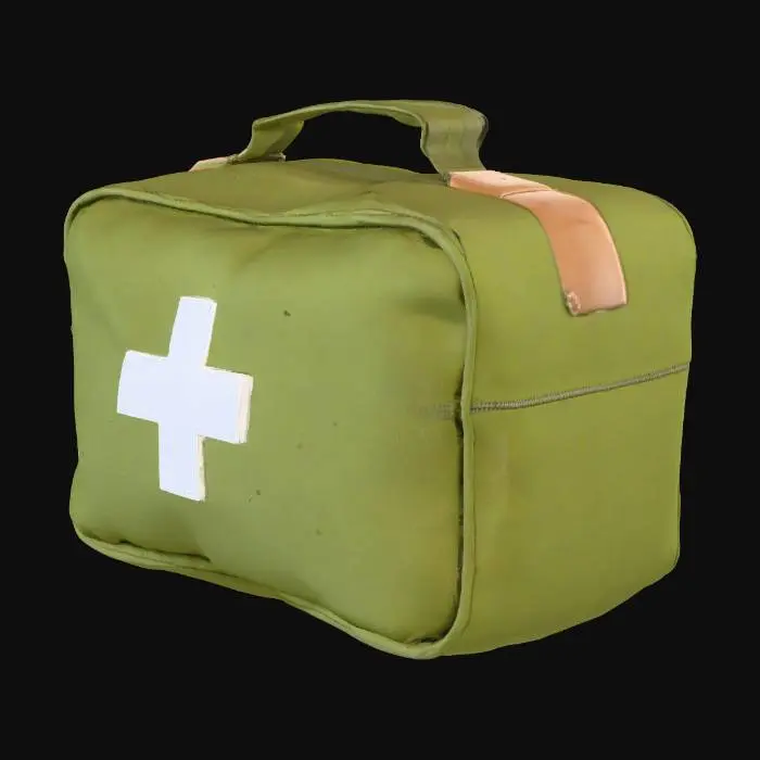 3D model for Небольшая тканевая аптечка, прямоугольная, из прочного зеленого холста, слегка поношенного. На передней стороне нарисован крупный, четкий белый крест. Материал имеет плотное плетение, слегка шершавый на ощупь. Застегивается на прочную металлическую молнию, которая кажется холодной и гладкой.