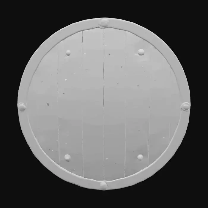 3D model for Круглый деревянный щит, его лицевая сторона покрыта слоем потемневшей стали, украшенной вмятинами и царапинами от ударов. Сталь имеет матовую, слегка шершавую текстуру, а по краям щита проходит толстый металлический обод. С обратной стороны видна грубая древесина и кожаный ремень для руки.