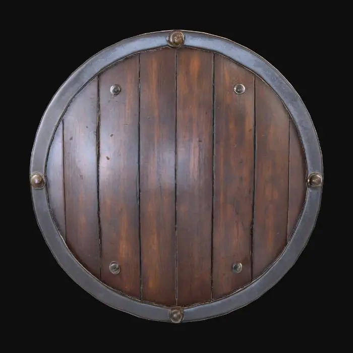 3D model for Круглый деревянный щит, его лицевая сторона покрыта слоем потемневшей стали, украшенной вмятинами и царапинами от ударов. Сталь имеет матовую, слегка шершавую текстуру, а по краям щита проходит толстый металлический обод. С обратной стороны видна грубая древесина и кожаный ремень для руки.