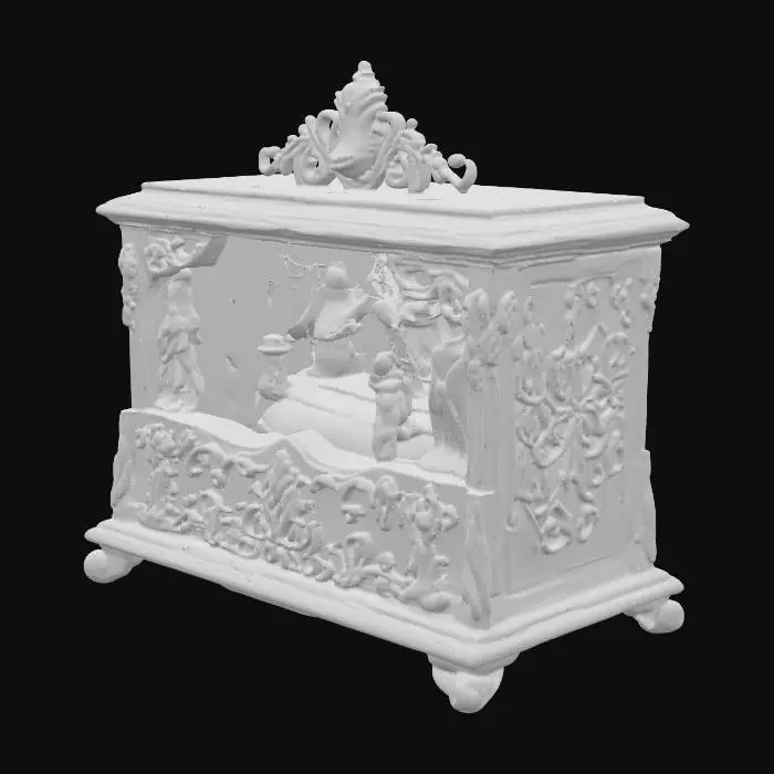 3D model for Заколдованная музыкальная шкатулка, выполненная из отполированного темно-коричневого дерева, украшенная золотыми орнаментами. На ее крышке расположены крошечные движущиеся фигурки, вырезанные из слоновой кости. Внутри видны мерцающие кристаллы, излучающие мягкое, разноцветное свечение. Дерево гладкое, золото рельефное, а фигурки кажутся хрупкими и детализированными.