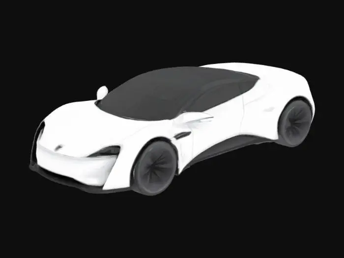 3D model for A futuristic self-driving electric car inspired by Tesla design, sleek aerodynamic body, ultra-modern headlights, tinted windows, and smooth curves. Painted in a striking metallic white silver color with a matte trim. High-tech appearance, realistic and highly detailed, designed for Unity 3D simulation environment.