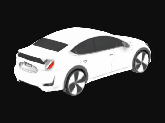 3D model for A futuristic self-driving electric car inspired by Tesla design, sleek aerodynamic body, ultra-modern headlights, tinted windows, and smooth curves. Painted in a striking metallic white silver color with a matte trim. High-tech appearance, realistic and highly detailed, designed for Unity 3D simulation environment.