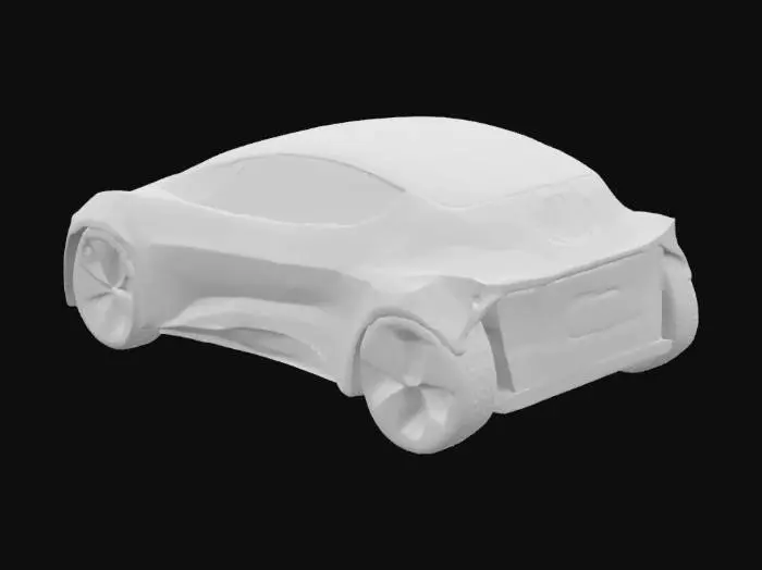 3D model for A futuristic self-driving electric car inspired by Tesla design, sleek aerodynamic body, ultra-modern headlights, tinted windows, and smooth curves. Painted in a striking metallic red color with a matte black trim. High-tech appearance, realistic and highly detailed, designed for Unity 3D simulation environment.