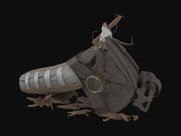 3D model for A damaged or fallen powerline poles with snapped or hanging cables, bent or broken structure as if hit by a natural disaster. Realistic detail, Unity-compatible.