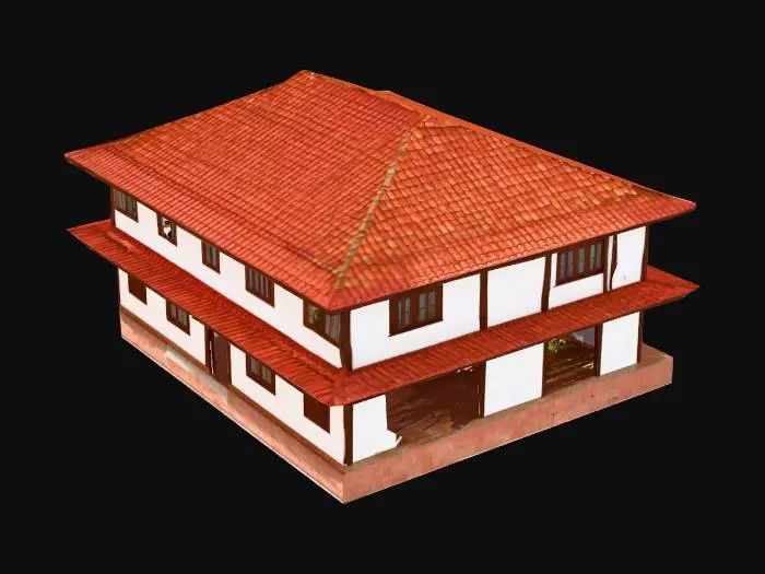 3D model for "Traditional Kerala-style house, red tiled sloped roof, white plastered walls, wooden balcony, clay-tiled veranda, coconut trees nearby, courtyard with stone tiles, Indian tropical village background, photorealistic, optimized for game, PBR texture ready, low-poly, clean UVs, suitable for Unreal Engine 4, real-world scale."