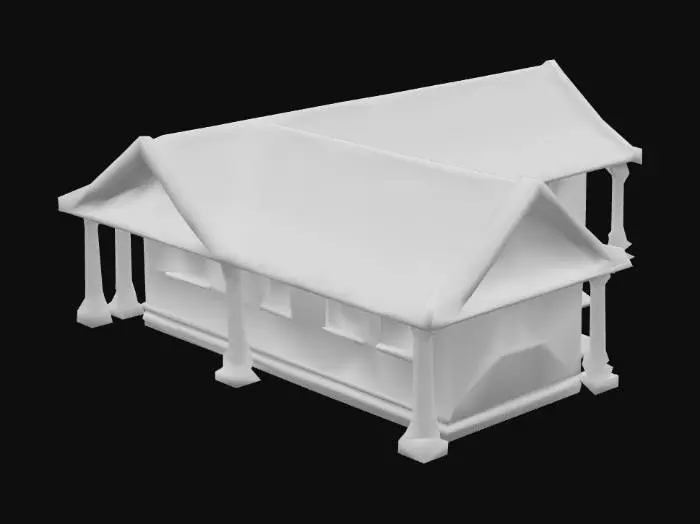 3D model for "Ancient Kerala tharavadu house, wooden pillars, sloped clay tile roof, open courtyard, red oxide flooring, aged walls, low-poly, suitable for mobile game use, Unreal Engine 4 ready."