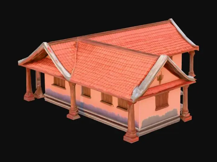 3D model for "Ancient Kerala tharavadu house, wooden pillars, sloped clay tile roof, open courtyard, red oxide flooring, aged walls, low-poly, suitable for mobile game use, Unreal Engine 4 ready."