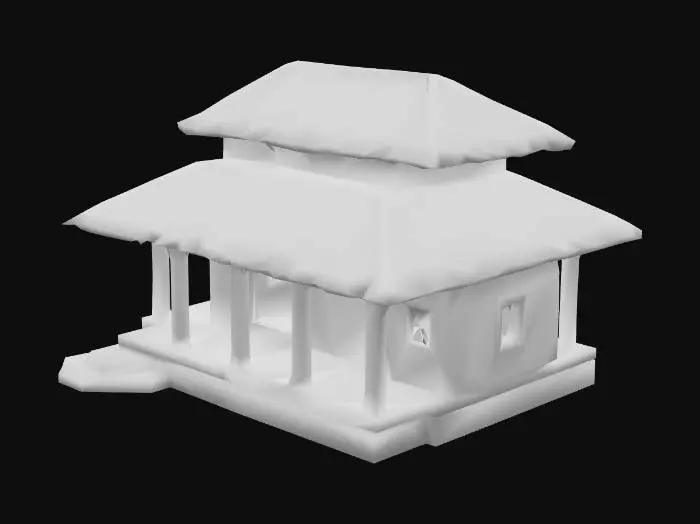 3D model for "Low poly traditional Kerala village house with clay tiled roof, wooden pillars, mud walls, open veranda, optimized for mobile game, game-ready mesh for UE4."