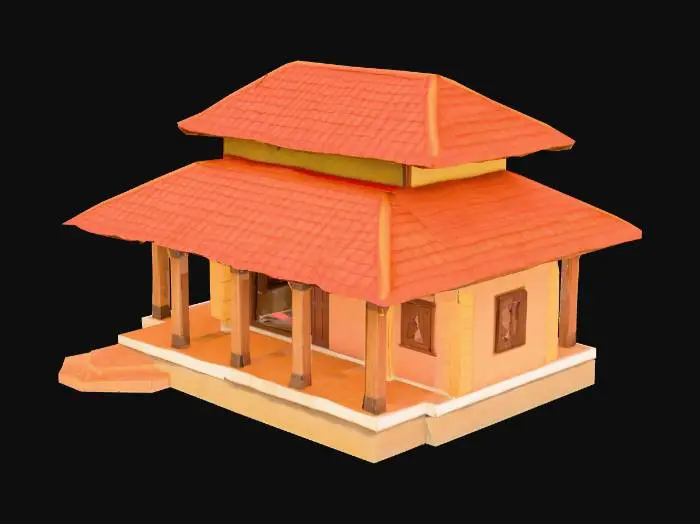 3D model for "Low poly traditional Kerala village house with clay tiled roof, wooden pillars, mud walls, open veranda, optimized for mobile game, game-ready mesh for UE4."