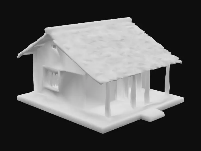 3D model for "Low poly traditional Kerala village house with clay tiled roof, wooden pillars, mud walls, open veranda, optimized for mobile game, game-ready mesh for UE4."