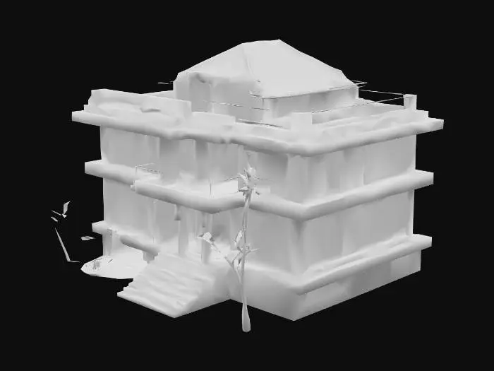 3D model for "Modern Kerala villa, flat roof with parapet, balcony railing, large windows, granite entrance steps, small garden, coconut trees, tropical lighting, game optimized, clean UVs, low-poly."