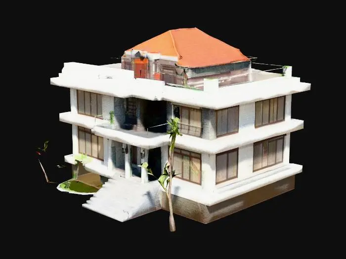 3D model for "Modern Kerala villa, flat roof with parapet, balcony railing, large windows, granite entrance steps, small garden, coconut trees, tropical lighting, game optimized, clean UVs, low-poly."