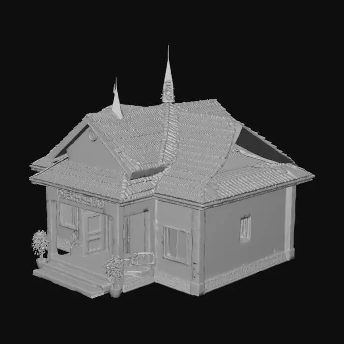 3D model for “A realistic Kerala-style police station building, small to medium size, with white and light blue walls, red tiled sloped roof, and ‘POLICE STATION’ signboard in English and Malayalam on the front. a front veranda with chairs, a small gate with compound wall,The scene should have tropical lighting and realistic textures, suitable for a South Indian town environment in a 3D game.”