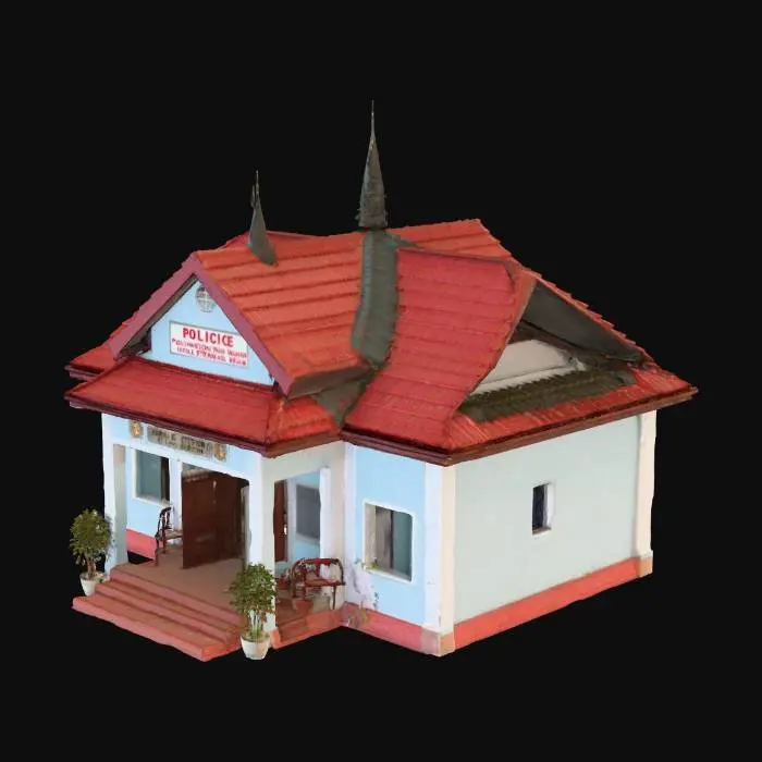 3D model for “A realistic Kerala-style police station building, small to medium size, with white and light blue walls, red tiled sloped roof, and ‘POLICE STATION’ signboard in English and Malayalam on the front. a front veranda with chairs, a small gate with compound wall,The scene should have tropical lighting and realistic textures, suitable for a South Indian town environment in a 3D game.”