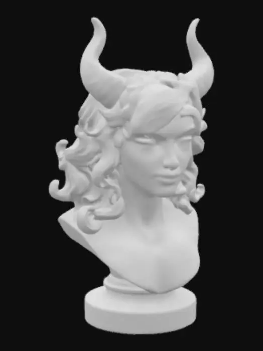 3D model for Half-bust sculpture carved from ruby, a renowned red gemstone with vivid crimson hues: a hybrid of dryad and infernal satyr, embodying both nature’s grace and wild, demonic fervor. Her noble, enigmatic face merges serene wisdom with hints of infernal mischief. Flowing hair interweaves with leaves and twisted branches, accented by subtle, sinister horns. Intricate carvings and fluid drapery capture the clash between natural elegance and demonic energy, illuminated by dramatic chiaroscuro lighting