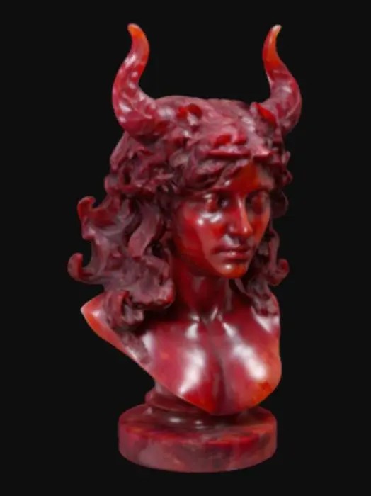 3D model for Half-bust sculpture carved from ruby, a renowned red gemstone with vivid crimson hues: a hybrid of dryad and infernal satyr, embodying both nature’s grace and wild, demonic fervor. Her noble, enigmatic face merges serene wisdom with hints of infernal mischief. Flowing hair interweaves with leaves and twisted branches, accented by subtle, sinister horns. Intricate carvings and fluid drapery capture the clash between natural elegance and demonic energy, illuminated by dramatic chiaroscuro lighting