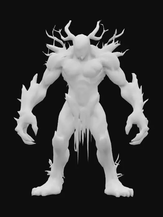 3D model for A towering, humanoid Treefolk, Garr's muscular body is forged from gnarled, ancient bark, presenting a deeply textured, weathered surface. Thick, powerful limbs and sharp, jagged branches extend organically from his arms, shoulders, and crown-like head. Bright, glowing red fissures streak across his dark, textured bark, suggesting immense internal power. His deep-set eyes burn with a quiet, earthy fury. He stands in a commanding, defensive stance with raised arms, embodying an ancient, immovable, and intimidating presence.