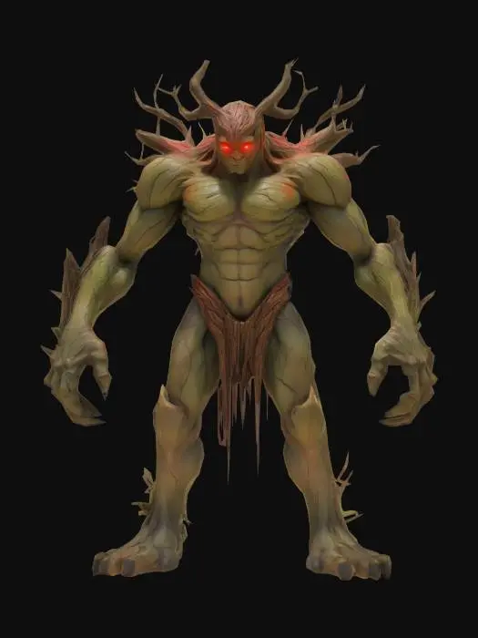 3D model for A towering, humanoid Treefolk, Garr's muscular body is forged from gnarled, ancient bark, presenting a deeply textured, weathered surface. Thick, powerful limbs and sharp, jagged branches extend organically from his arms, shoulders, and crown-like head. Bright, glowing red fissures streak across his dark, textured bark, suggesting immense internal power. His deep-set eyes burn with a quiet, earthy fury. He stands in a commanding, defensive stance with raised arms, embodying an ancient, immovable, and intimidating presence.