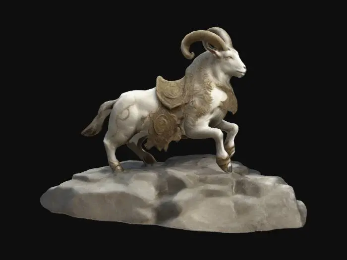 3D model for Create a 3D model of Capricorn as a majestic goat-like figure with elaborate horns. Wears intricate armor with mountain and goat symbols carved into it. Pose climbing a rocky surface. Deep-carved textures highlight horn details and armor patterns. Well-lit, ultra-realistic, highly detailed. Negative Prompt: blurry, cartoonish, inconsistent proportions, mismatched features, low resolution.