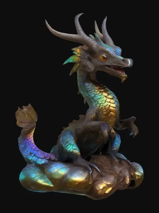 3D model for A majestic Eastern dragon with a serpentine body, shimmering scales, and a flowing mane. Four powerful legs, each ending in sharp, clawed feet. A long, sinuous neck culminating in a wise, serpentine head adorned with ornate horns. Large, luminous eyes and a long, forked tongue. The dragon is perched atop a cloud, gazing out over a fantastical landscape.
Negative Prompt:
deformed, mutated, bad anatomy, disfigured, floating limbs, disconnected limbs, poorly defined features,  generic, pixelated