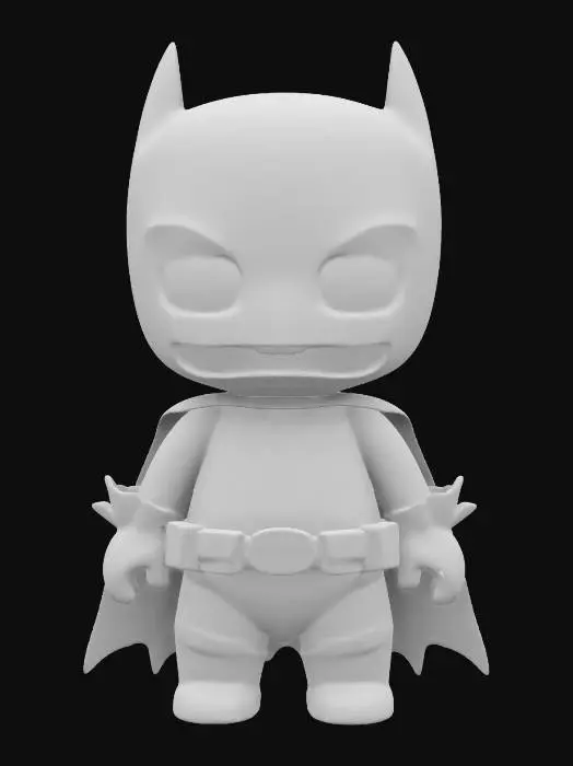 3D model for Create a full-body 3D model of Batman in South Park style. The model should feature the signature South Park design with large, circular eyes, a simple rounded face, and a stubby, rounded body shape. it should wear his iconic gray suit with the black Bat symbol on the chest, a black cape, cowl with bat ears, and a utility belt. Include a neutral pose suitable. Ensure the geometry is clean and optimized, with proportions true to South Park's quirky, minimalistic aesthetic.