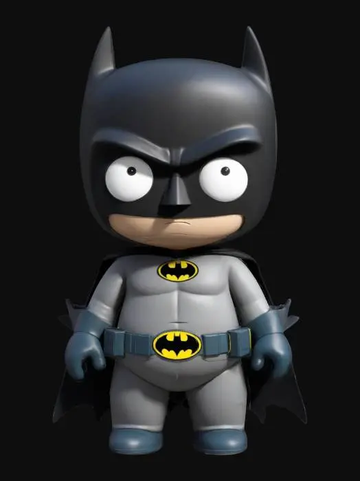 3D model for Create a full-body 3D model of Batman in South Park style. The model should feature the signature South Park design with large, circular eyes, a simple rounded face, and a stubby, rounded body shape. it should wear his iconic gray suit with the black Bat symbol on the chest, a black cape, cowl with bat ears, and a utility belt. Include a neutral pose suitable. Ensure the geometry is clean and optimized, with proportions true to South Park's quirky, minimalistic aesthetic.