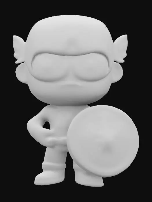 3D model for Create a 3D model of Captain America in South Park style. The model should feature the iconic South Park design with large, circular eyes, a simple rounded face, and a stubby, rounded body shape. He wears a blue suit with a white star on the chest, red and white stripes, an "A" on his forehead, wings on his cowl, red gloves and boots. Include his shield with the red, white, and blue star design. Ensure clean, optimized geometry with South Park proportions.