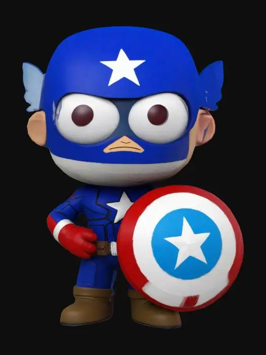 3D model for Create a 3D model of Captain America in South Park style. The model should feature the iconic South Park design with large, circular eyes, a simple rounded face, and a stubby, rounded body shape. He wears a blue suit with a white star on the chest, red and white stripes, an "A" on his forehead, wings on his cowl, red gloves and boots. Include his shield with the red, white, and blue star design. Ensure clean, optimized geometry with South Park proportions.