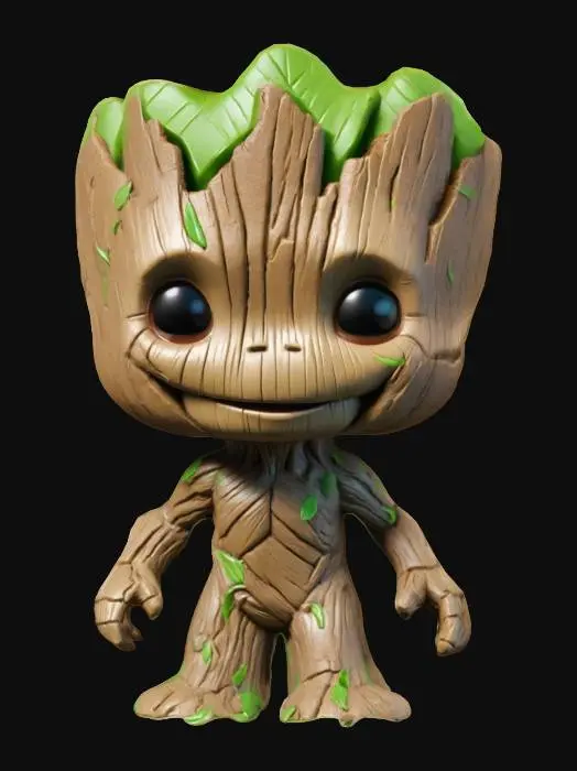 3D model for Create a Funko Pop-style Groot with an oversized head, bark-textured body, and stubby limbs. The model should feature a childlike smile and small leaves sprouting on the head and shoulders. Proportions should match the Funko Pop style with a neutral pose and arms slightly outstretched. Geometry must be clean and optimized for production-quality 3D printing or animation.
