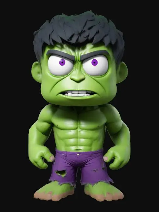 3D model for Create a 3D model of the Hulk in South Park style. He has a rounded, stubby body with large eyes and a simple face. Hulk is green, with ripped purple pants and a muscular but simplified South Park build. Ensure geometry matches South Park's proportions.