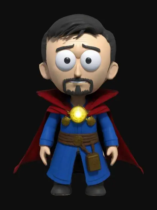 3D model for Create a 3D model of Doctor Strange in South Park style. He has a rounded face, large circular eyes, and a stubby body. Include his blue robes, red Cloak of Levitation, Eye of Agamotto amulet, and iconic goatee. Clearly defined features, highly stylized, highly detailed, all walls and features at least 2mm thick, with bold recessed features at least 2mm deep.