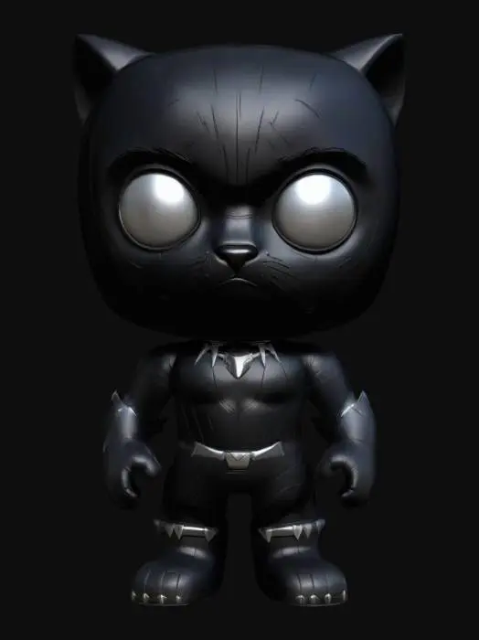3D model for Create a 3D model of Black Panther in South Park style. He has large circular eyes and a stubby body, wearing his sleek black vibranium suit with silver accents and cat-like ears. Clearly defined features, highly stylized, highly detailed, all walls and features at least 2mm thick, with bold recessed features at least 2mm deep.