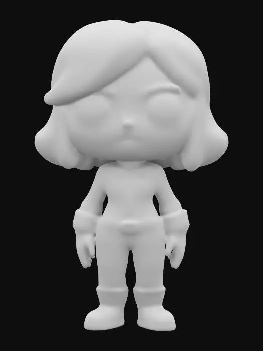 3D model for Create a 3D model of Black Widow in South Park style with large circular eyes, a rounded face, and a stubby body. She wears her black jumpsuit with the red hourglass symbol on the belt. Include her signature short red hair. Clearly defined features, highly stylized, highly detailed, all walls and features at least 2mm thick, with bold recessed features at least 2mm deep.