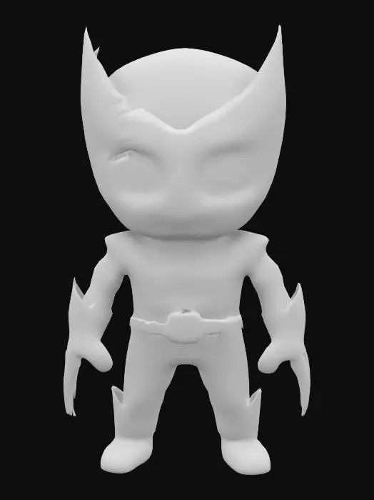 3D model for Create a 3D model of Wolverine in South Park style. He has large circular eyes, a rounded face, and a stubby body. Wolverine wears his yellow and blue suit with black stripes, a red belt, and iconic clawed gloves. Include his pointed mask with sharp ear tips. Clearly defined features, highly stylized, highly detailed, all walls and features at least 2mm thick, with bold recessed features at least 2mm deep.