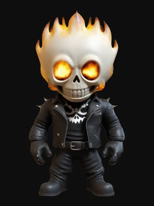 3D model for Create a 3D model of Ghost Rider in South Park style. He has large circular eyes, a rounded face, and a stubby body. Ghost Rider features a flaming skull, leather jacket with spikes, and a chain weapon. Clearly defined features, highly stylized, highly detailed, all walls and features at least 2mm thick, with bold recessed features at least 2mm deep.